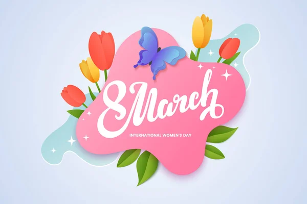 Bannerdesign für den Frauentag. 8. März Schriftzug auf rosa Hintergrund, umgeben von Tulpen und frühlingshaften grünen Blättern. Kreative Grußkarte im Scherenschnitt-Stil. Vektorillustration — Stockvektor