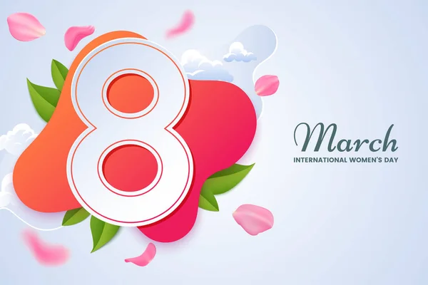 8 March greeting card design. Big number 8 surrounded by pink falling rose petals. International women's day congratulatory banner. Applicable for web, postcard, invitation. Vector illustration. — Stock Vector