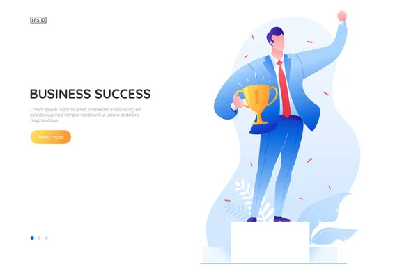 Illustration vectorielle du succès commercial. Homme d'affaires sur un podium gagnant avec une coupe d'or. Un homme prospère. Personnages gagnants illustration de dessin animé plat. Concept de conception de bannière Web . — Image vectorielle