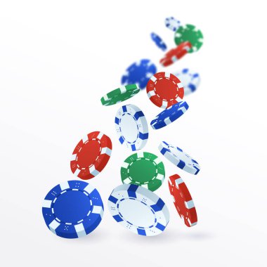 Düşen kumarhane fişleri beyaz arka planda izole edilmiş. Uçan poker çipleri vektör çizimi. Şans oyunları işte. Tasarımınız için element.