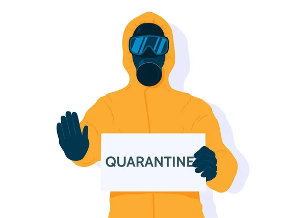 Quarantaine Vector Illustratie Man Geel Beschermend Gevarenpak Masker Met Een — Stockvector