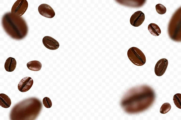 Falling Realistic Coffee Beans Isolated Transparent Background Flying Defocusing Coffee — Stock Vector