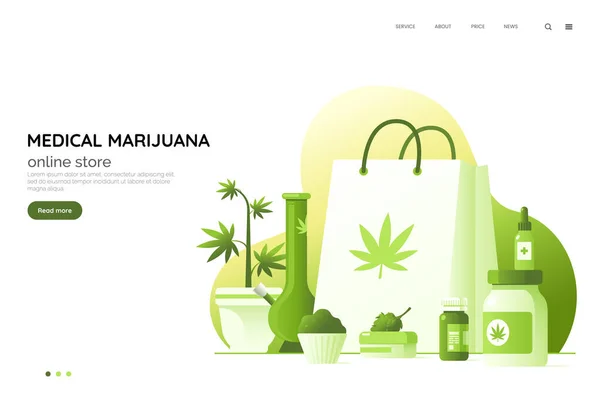 Tıbbi esrar hazırlama vektör illüstrasyonu. Tıbbi marihuana online mağaza web sayfası konsepti. Terapi amaçlı merhem seti, yağlar, vesaire. CBD bazlı kozmetik seti. Tasarımınız için element.