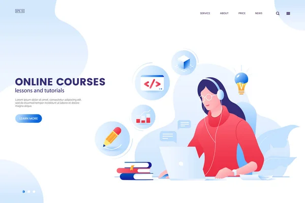 オンラインコースベクトルイラスト オンライン教育のウェブページの概念 ラップトップで勉強する女の子 Eラーニングプラットフォーム — ストックベクタ