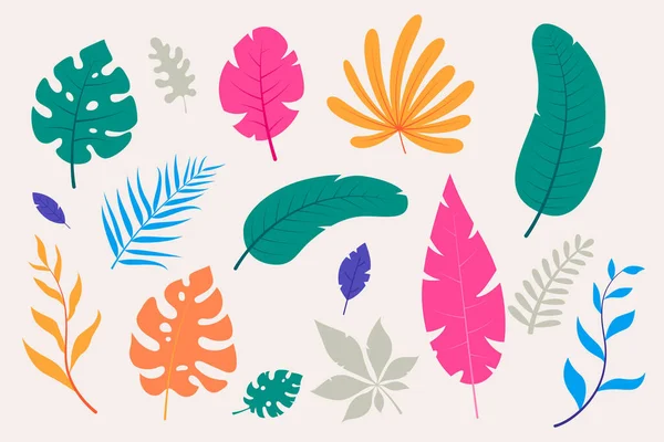 Samling av färgglada tropiska blad i platt stil. Dekorativa blad av exotiska växter - monstera, palm, ormbunke, etc. Sommarlövverk. Element för din blommiga design. Vektorillustration. — Stock vektor