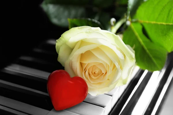 Beautiful white rose and red heart on piano keys, close up