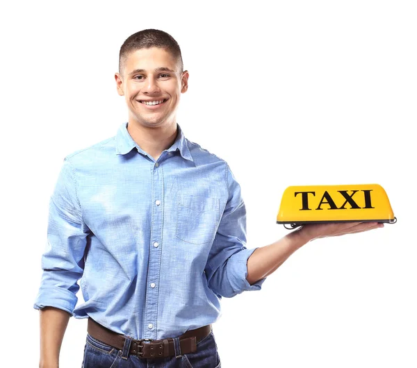 Mannen innehar taxi tak ljus — Stockfoto