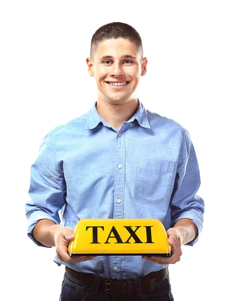 Hombre sosteniendo taxi techo luz —  Fotos de Stock