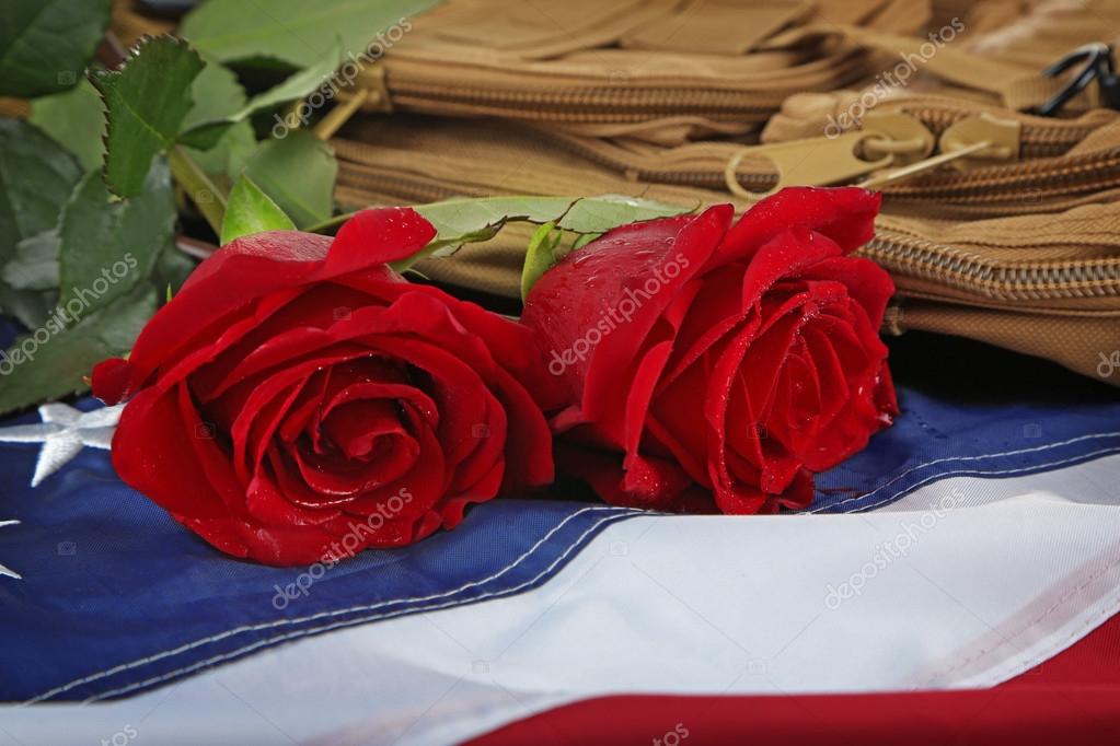 Red roses on American flag — Stock Photo © belchonock 124918806