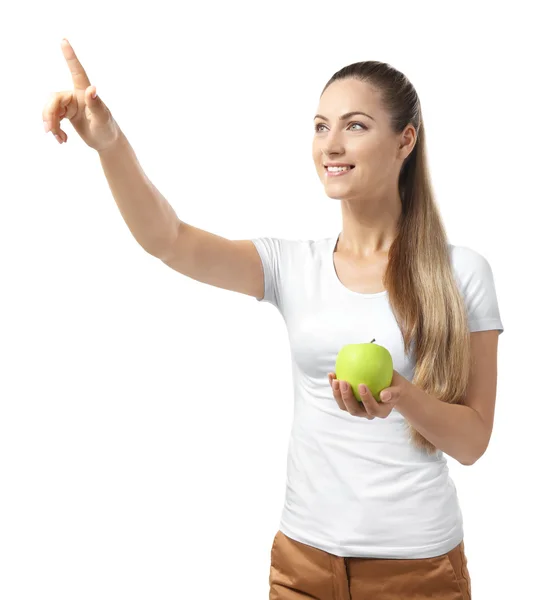 Mooi Meisje Met Apple Wijzende Vinger Geïsoleerd Wit — Stockfoto