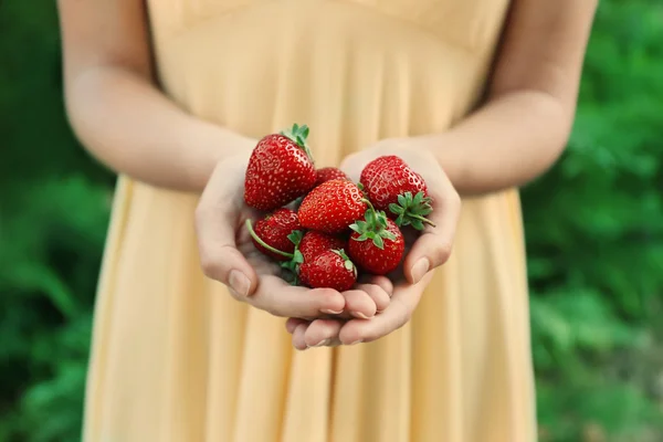 Handen met aardbeien — Stockfoto