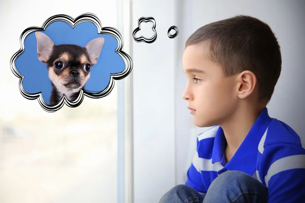 Niño Sentado Alféizar Ventana Interior Soñando Con Perro — Foto de Stock