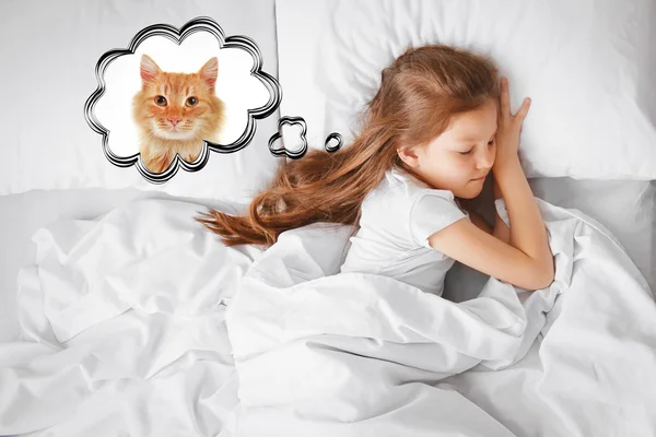 Sevimli Kız Beyaz Yatakta Kedi Hakkında Rüya — Stok fotoğraf