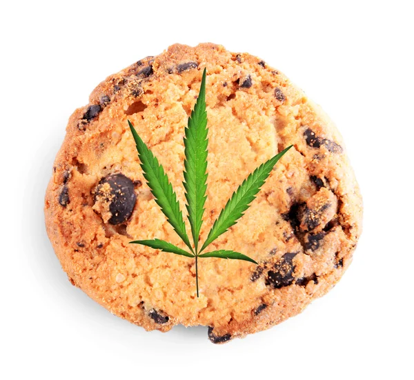 Tasty cookie with marijuana leaf on white background, closeup — Stockfoto