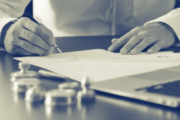 Hands of  lawyer on table. Retro style — Stockfoto