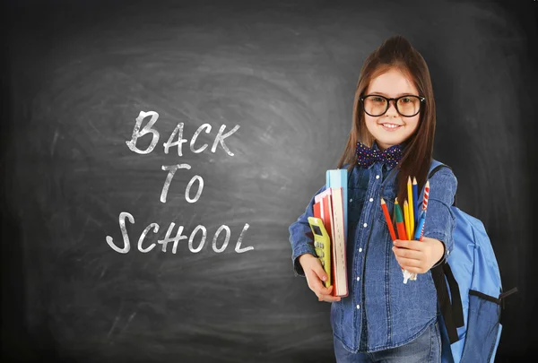 School Concept Cute Girl Backpack Holding Book Blackboard Text Back — Stock Photo, Image