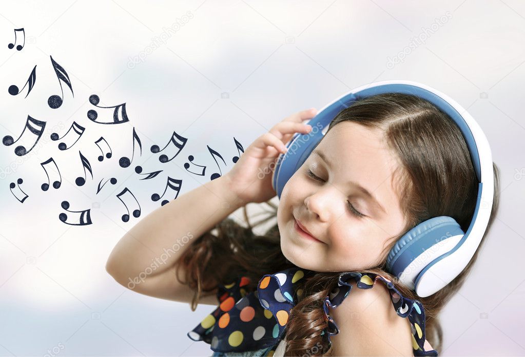 kid in earphones listening to music with colorful musical notes on background