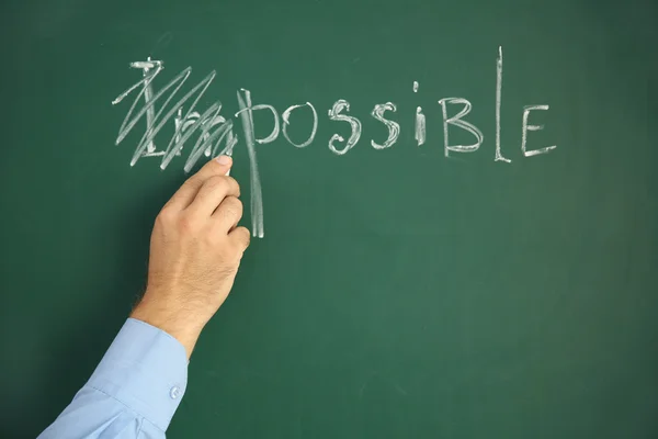 Businessman putting a cross over word impossible on blackboard — Stock Photo, Image