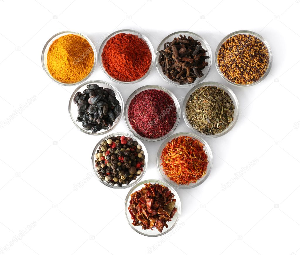 spices in glass bowls