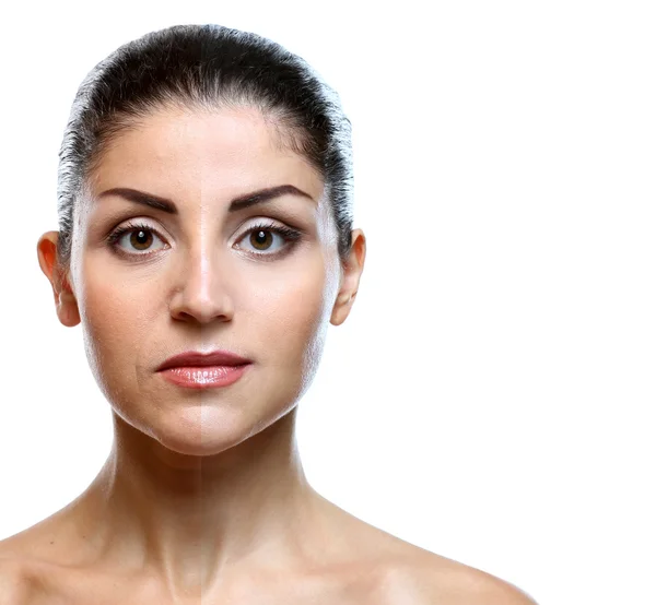 Kadın Yüz Önce Sonra Kozmetik Prosedür Plastik Cerrahi Kavramı — Stok fotoğraf