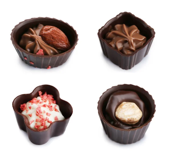 Colagem de deliciosos doces de chocolate no fundo branco — Fotografia de Stock