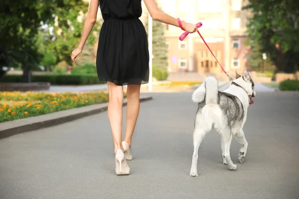 Νεαρή όμορφη γυναίκα που περπατά με το σκύλο έξω από — Φωτογραφία Αρχείου