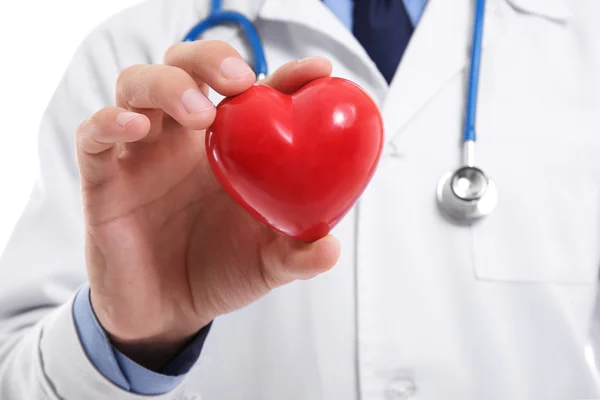 Male doctor holding red heart in hand, closeup — Stock Photo, Image