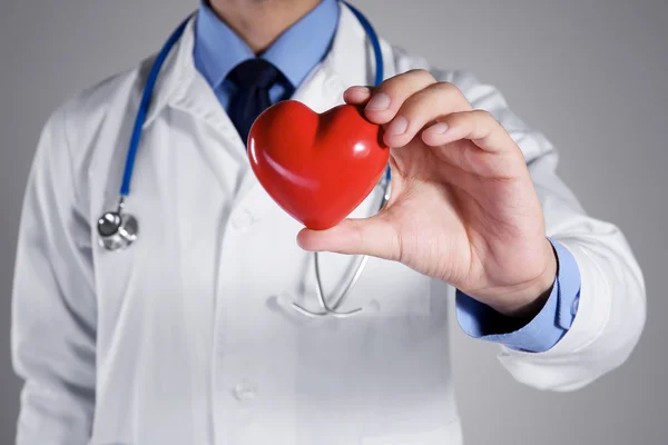 Médico masculino segurando coração vermelho em fundo cinza, close-up — Fotografia de Stock