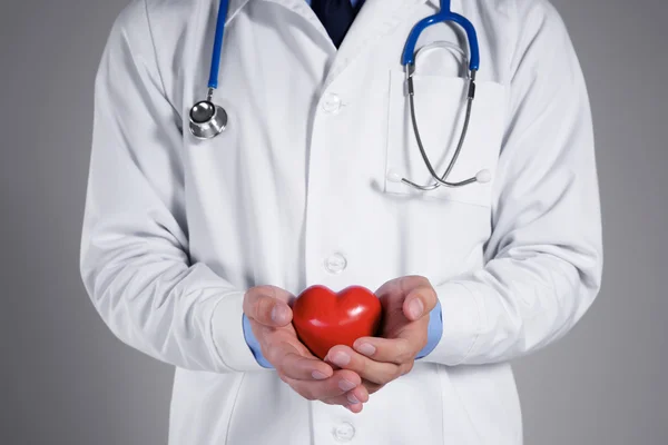 Médico varón sosteniendo corazón rojo sobre fondo gris — Foto de Stock