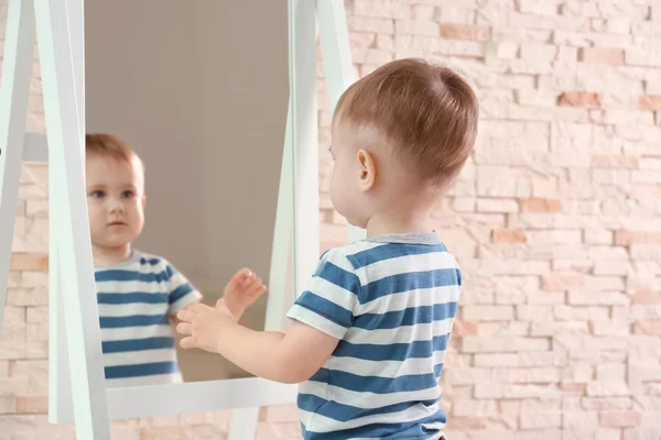 Stylish Baby Boy Striped Shirt Posing Mirror — Stock Photo, Image