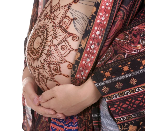Henna tattoo on pregnant belly — Stock Photo, Image