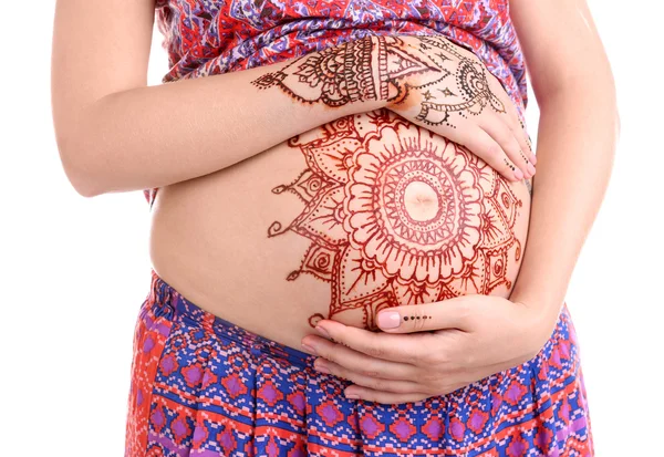 Henna tatuering på gravid mage — Stockfoto