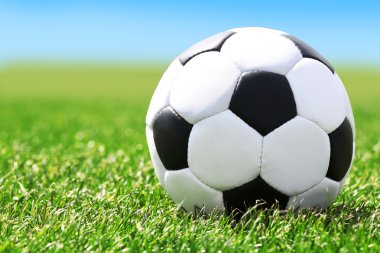 Futbol topu yeşil çim ve mavi gökyüzü arka plan