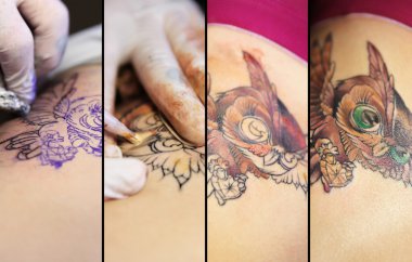 Collage with process of making tattoo, closeup clipart