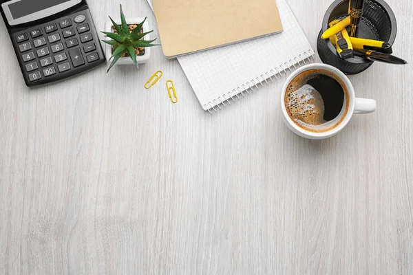 Cup of coffee with office tools — Stock Photo, Image