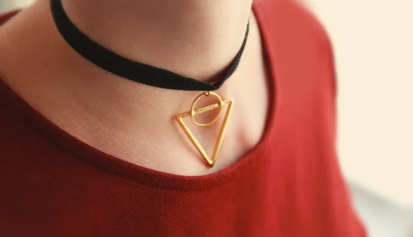 Close up of stylish black choker on female neck — Stock Photo, Image