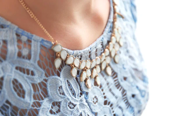 Close up of beautiful necklace on female neck — Stock Photo, Image