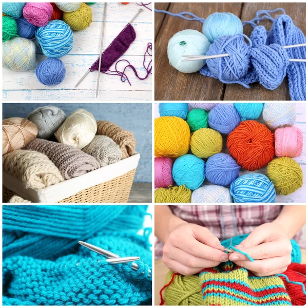Knitting collage. Kvinnliga händer stickning. Hobby och hantverk koncept. — Stockfoto