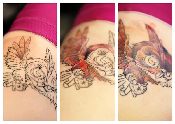 Collage of tattoo owl on woman ribs