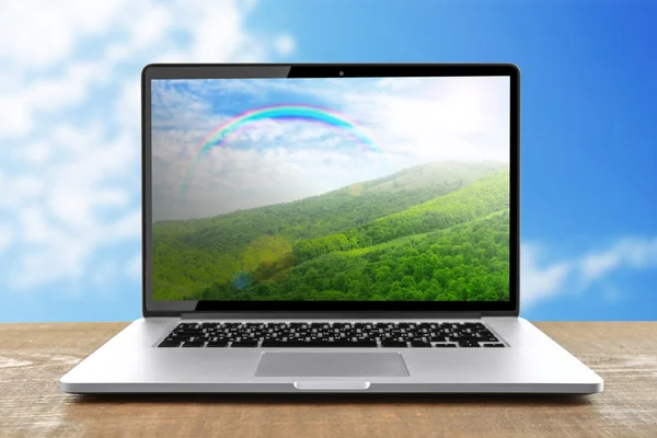 Laptop with summer landscape on screen against blue sky
