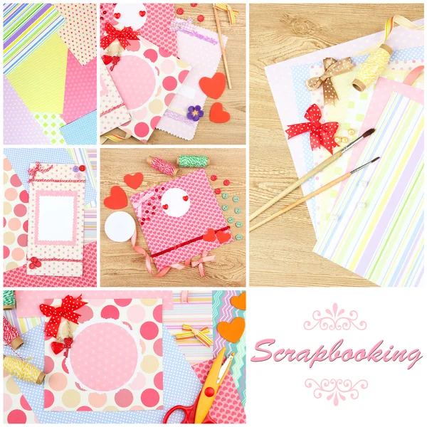 Scrapbooking collage. Handmade greeting card. Hobby and handicraft concept. — ストック写真