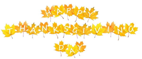 Feliz Día de Acción de Gracias. Hojas de otoño con texto aislado sobre blanco — Foto de Stock