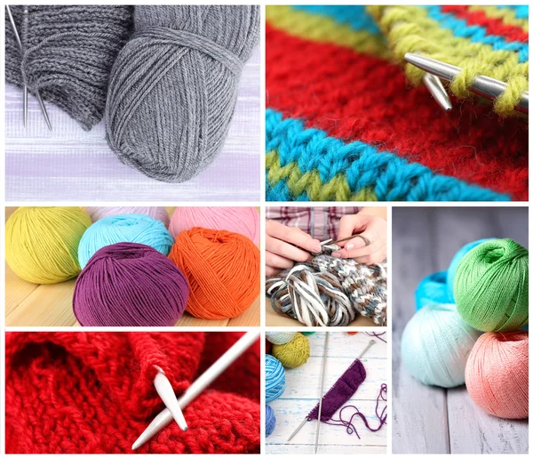 Breien collage. Vrouwelijke handen breien. Hobby- en handwerk concept. — Stockfoto