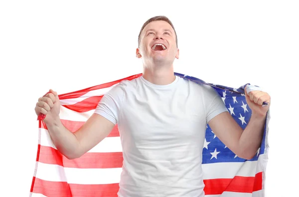 Junger glücklicher Mann mit amerikanischer Flagge — Stockfoto