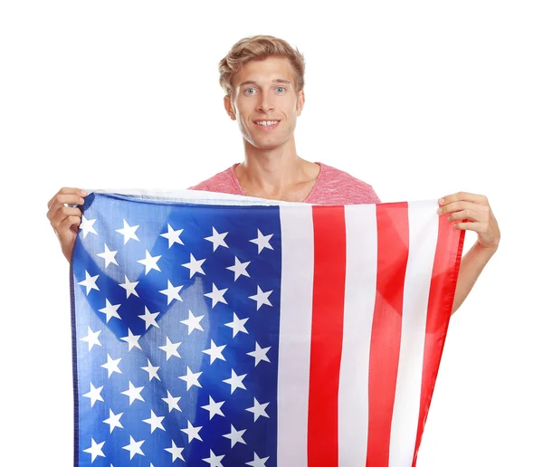 Młody człowiek szczęśliwy z amerykańską flagę — Zdjęcie stockowe