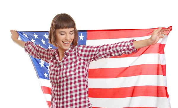 Amerikan Bayrağı Beyaz Arka Plan Üzerinde Izole Olan Mutlu Kadın — Stok fotoğraf