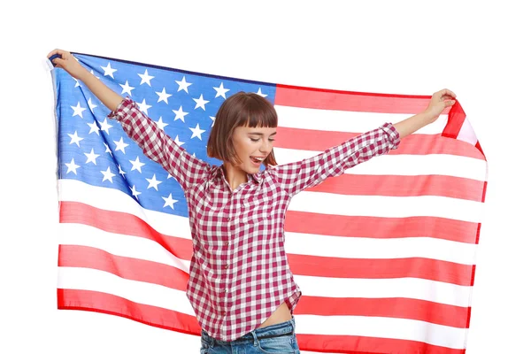 Jovem Mulher Feliz Com Bandeira Americana Isolada Fundo Branco — Fotografia de Stock