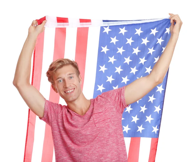 Χαρούμενος νεαρός με αμερικανική σημαία — Φωτογραφία Αρχείου