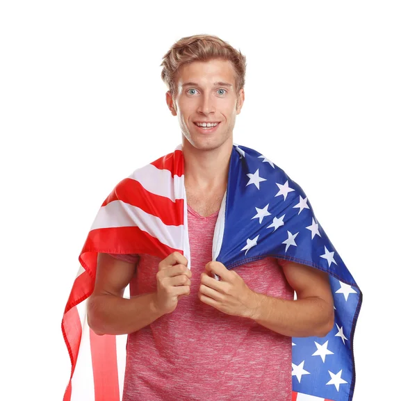 Jovem homem feliz com bandeira americana — Fotografia de Stock