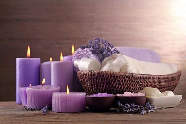 Beautiful spa composition with lavender on wooden table Royalty Free Stock Photos